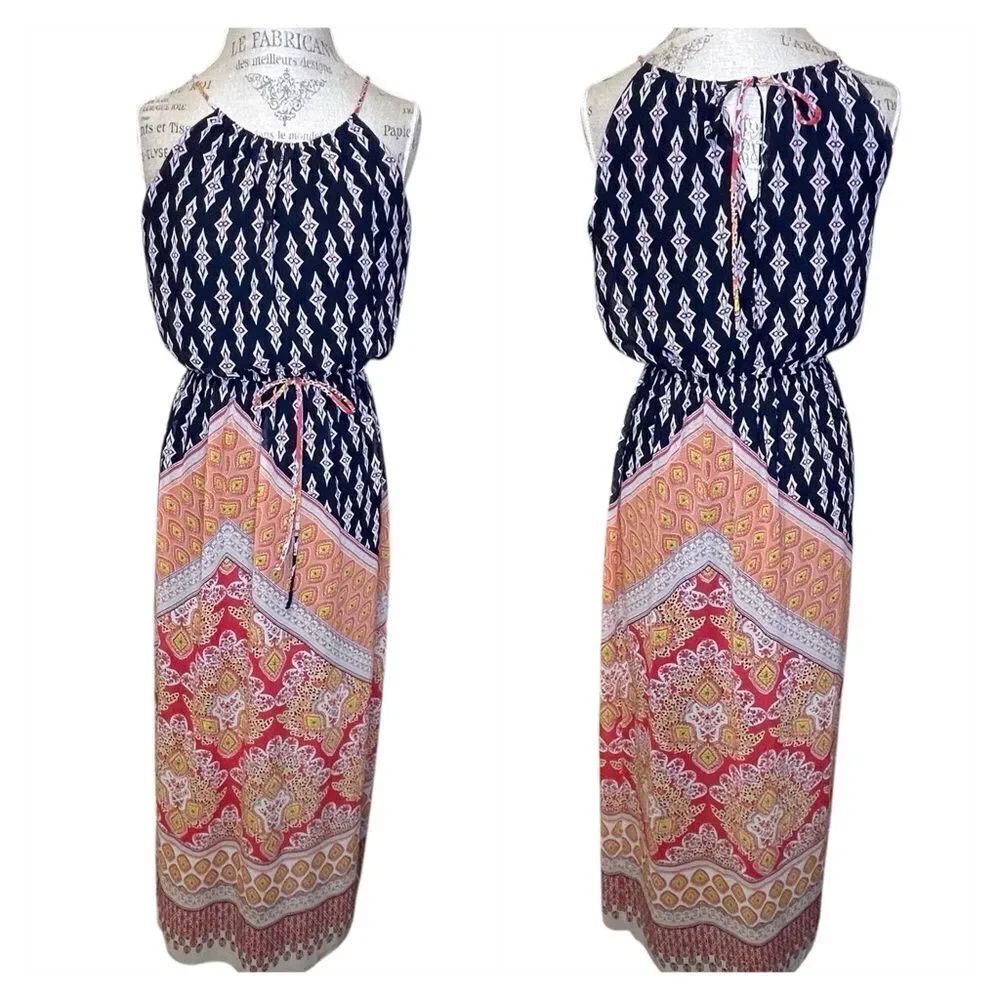 Sweet Storm Printed Halter Maxi Dress Navy White Yellow Peach Pink Medium